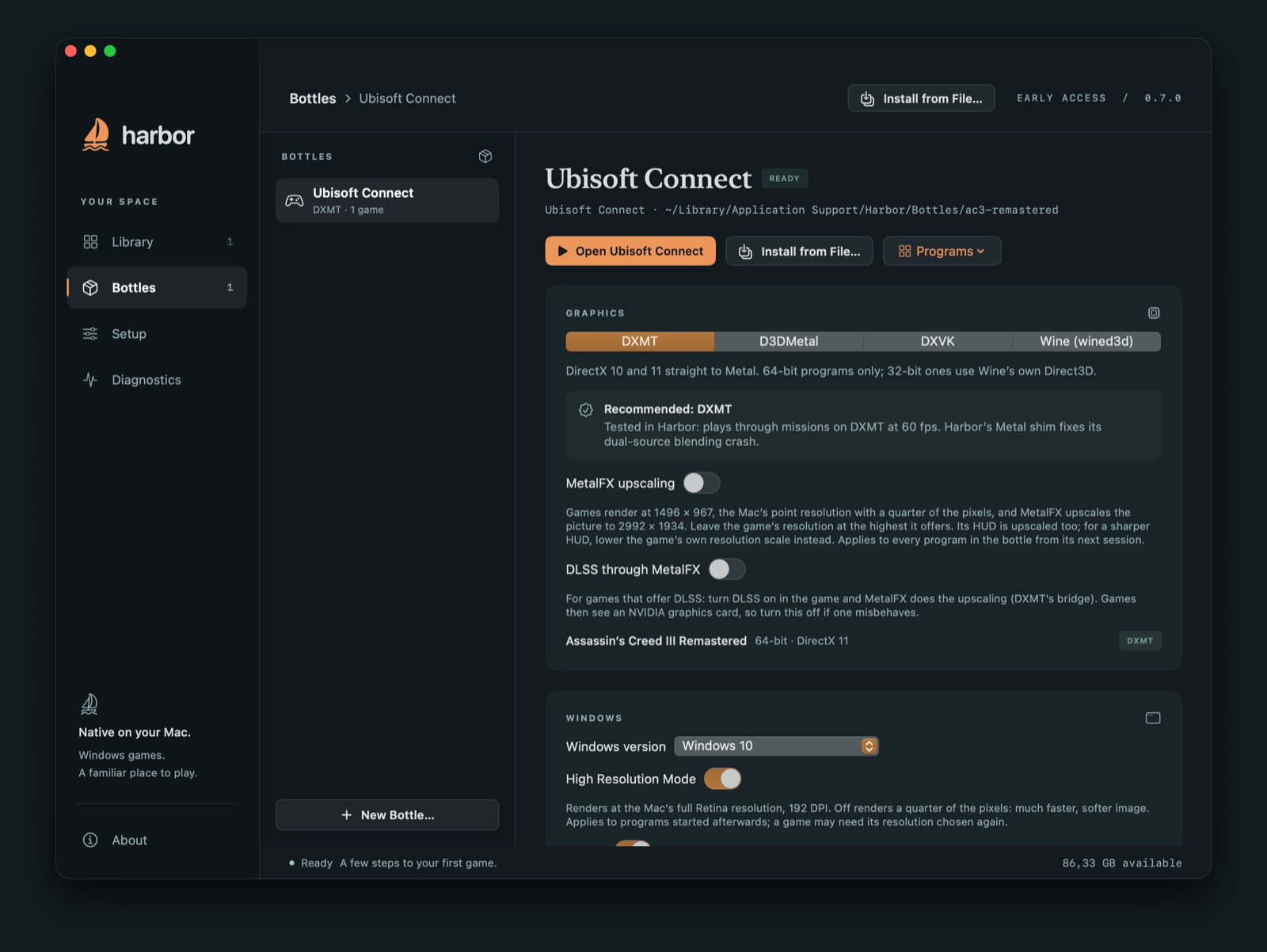 A Harbor bottle's graphics settings: DXMT selected, Harbor's recommendation, and the MetalFX upscaling and DLSS switches