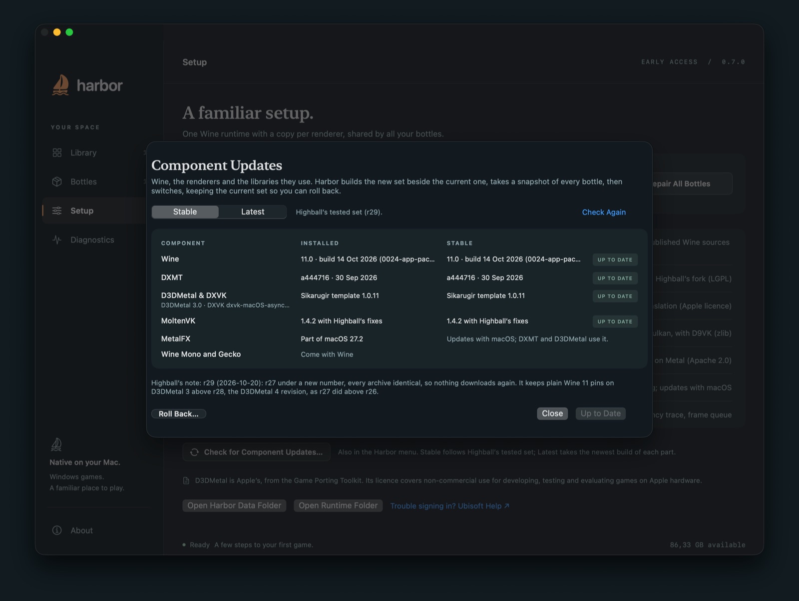 Harbor's Component Updates window comparing the installed and available versions of Wine, DXMT, D3DMetal, DXVK and MoltenVK