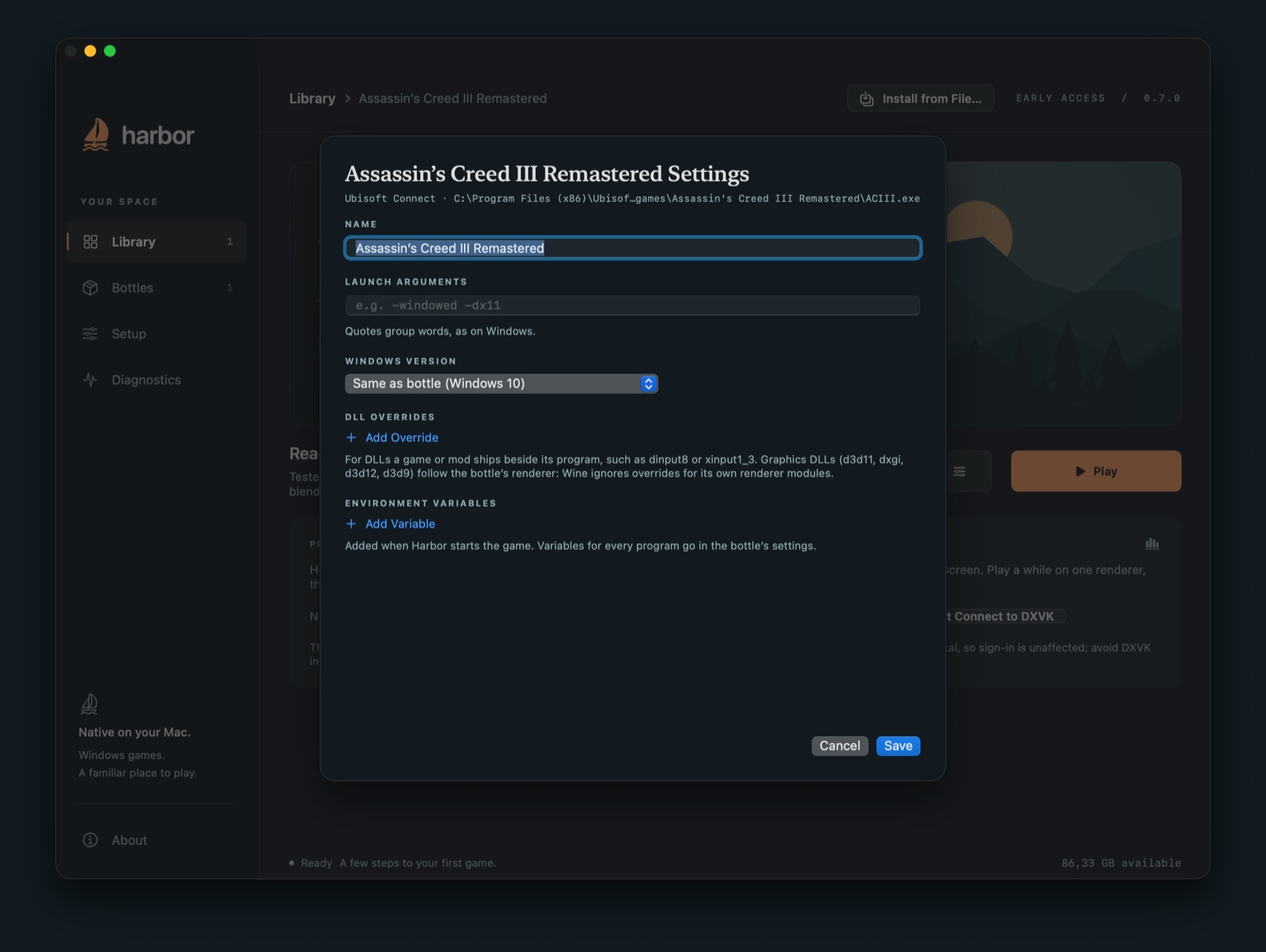 A game's settings in Harbor: name, launch arguments, Windows version, DLL overrides and environment variables