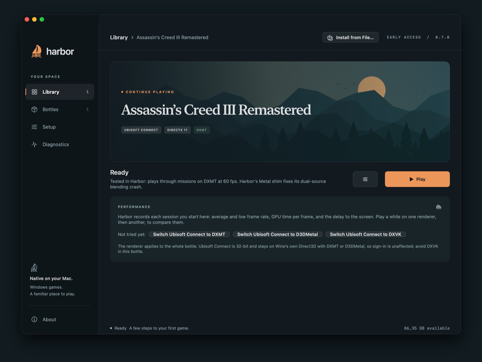 Harbor's library on a Mac, with Assassin's Creed III Remastered ready to play
